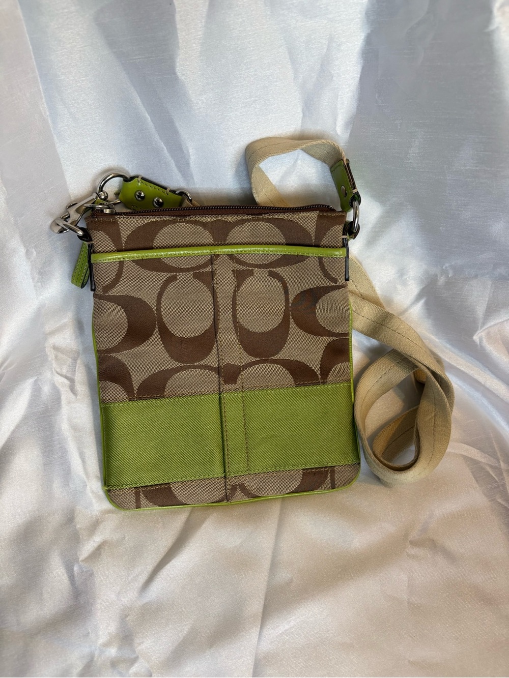 Coach Brown Signature Crossbody with Lime Green Accents